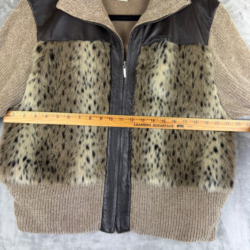 Vtg Lisa International Sweater Jacket XL Real Leather Fur Leopard Print (1403) - Picture 9 of 11